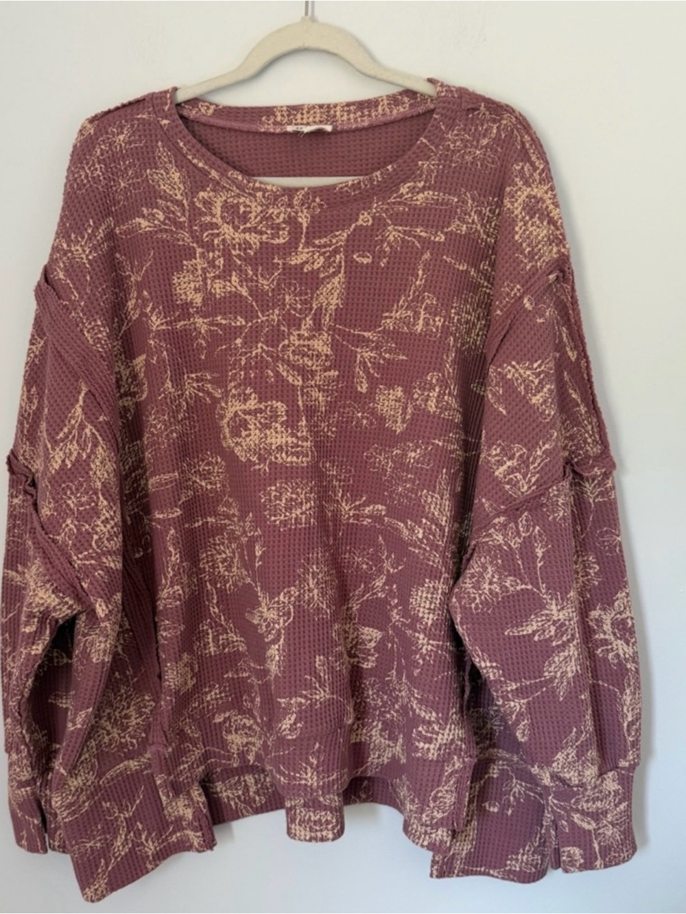 LN BiBi Mauve rose Pink Floral Waffle-Knit thermal Oversized Sweatshirt top